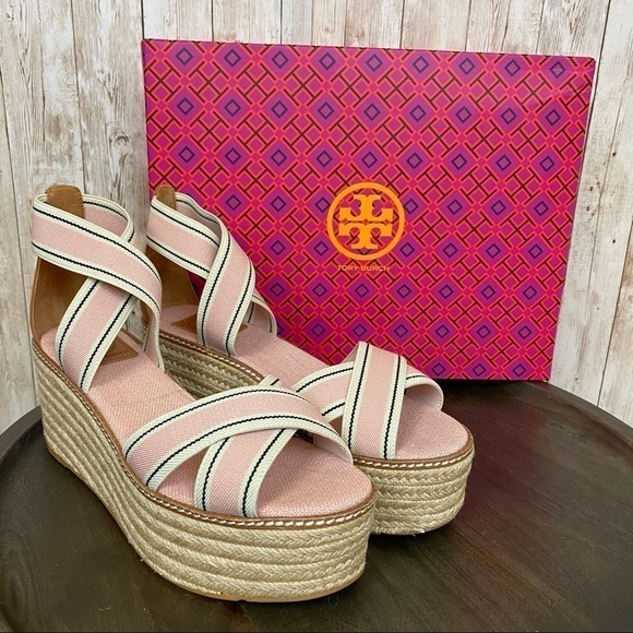 Tory Burch Frieda Espadrille Wedge‎ Sandal Blush Stripe/Tan Size 10 Women - Picture 2 of 15